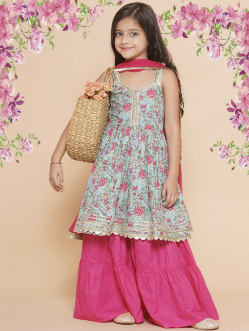 Blue Floral Printed Cotton Kurta With Sharara & Dupatta - Image 5
